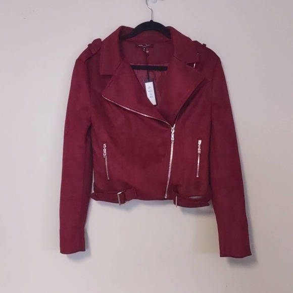 Romeo & Juliet Couture Faux Suede Moto Biker Jacket Medium Burgundy - Picture 2 of 12